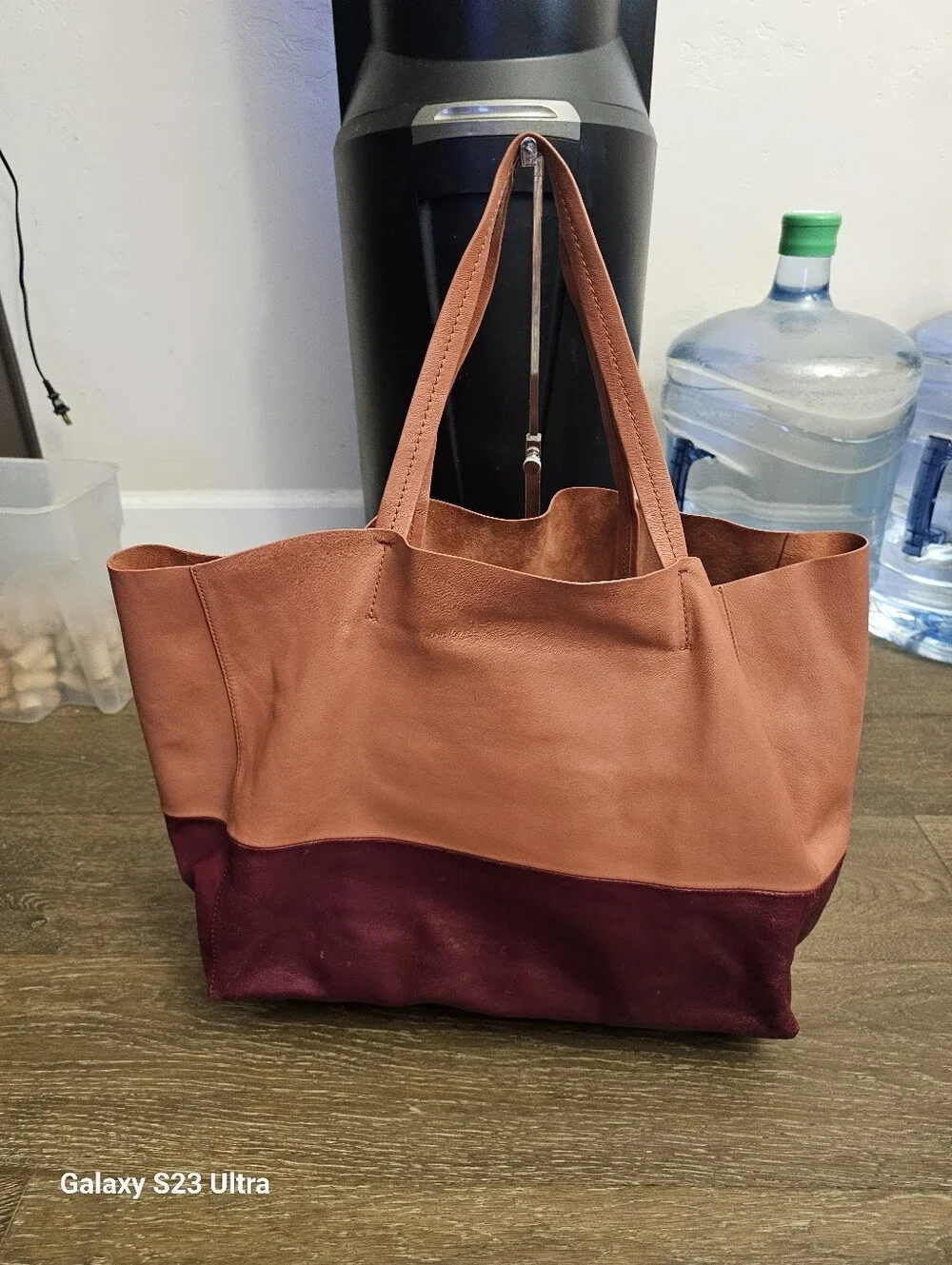CELINE Horizontal Bicolor Cabas Leather Tote Bag In Burgundy Pink U-UP-0112